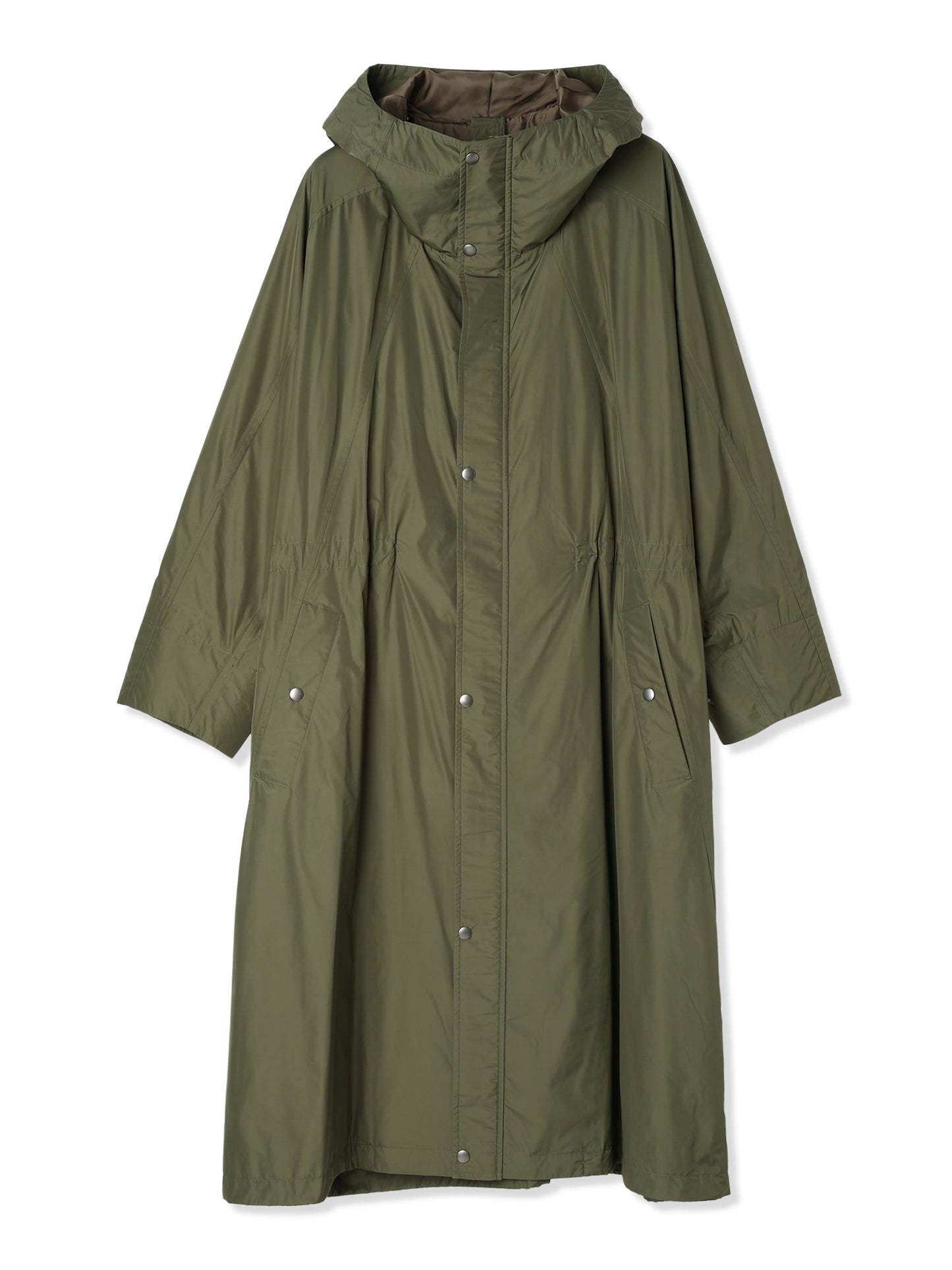 GLASSY NYLON HOODED LONG COAT (65 KHAKI)