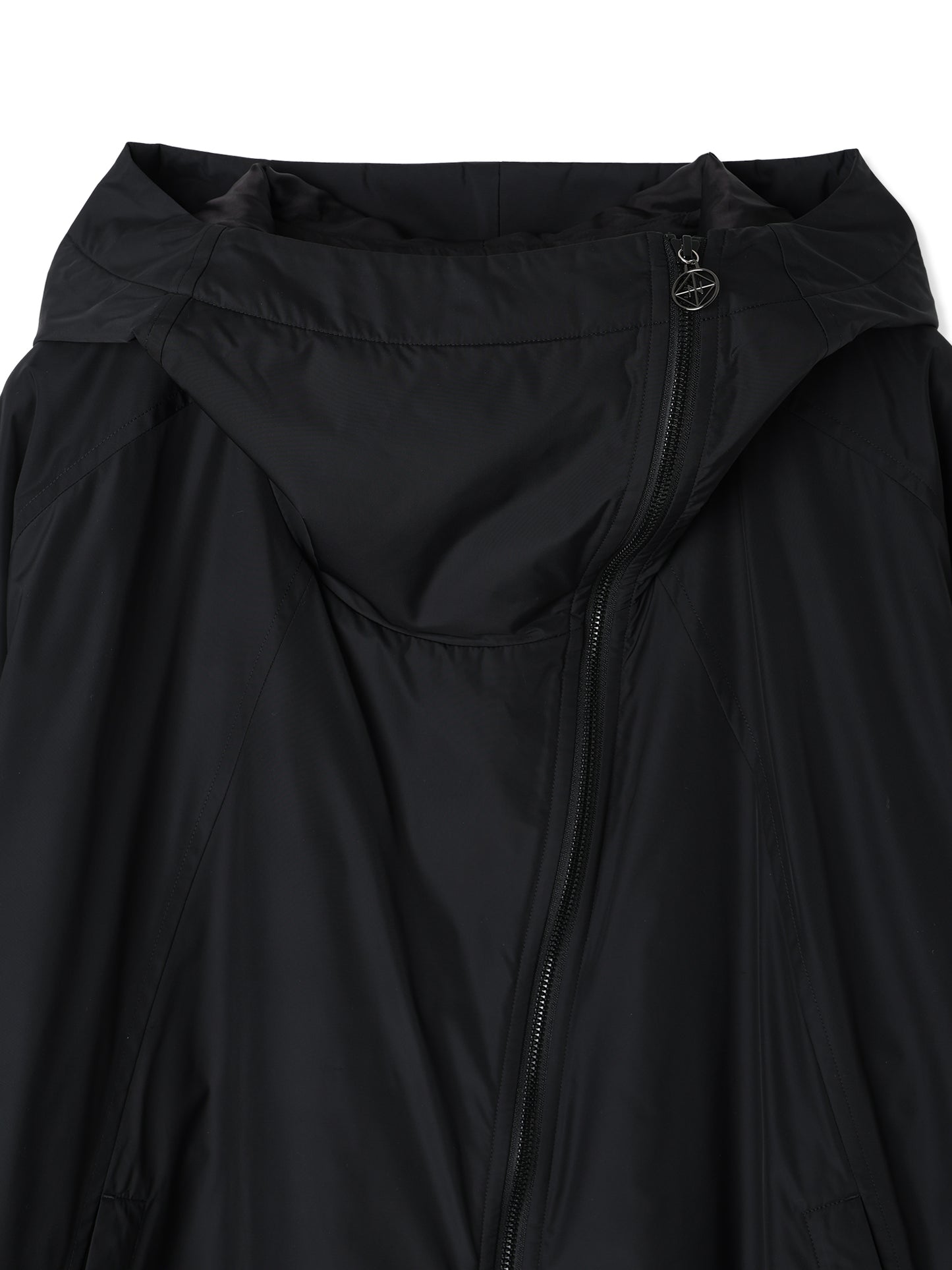 GLASSY NYLON DIAGONAL ZIP HOODED JACKET
