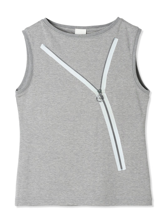 OPEN ZIPPER PRINTED SLEEVELESS SMOOTH T-SHIRT (13 GRAY)