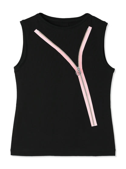 OPEN ZIPPER PRINTED SLEEVELESS SMOOTH T-SHIRT (15 BLACK)