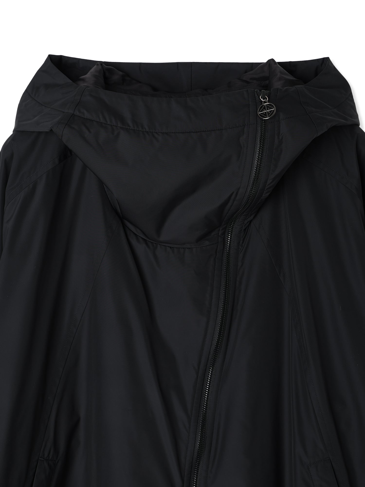 GLASSY NYLON DIAGONAL ZIP HOODED JACKET