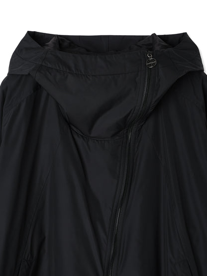 GLASSY NYLON DIAGONAL ZIP HOODED JACKET