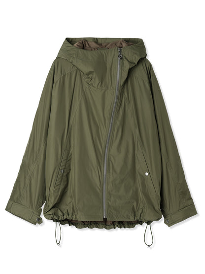 GLASSY NYLON DIAGONAL ZIP HOODED JACKET (65 KHAKI)