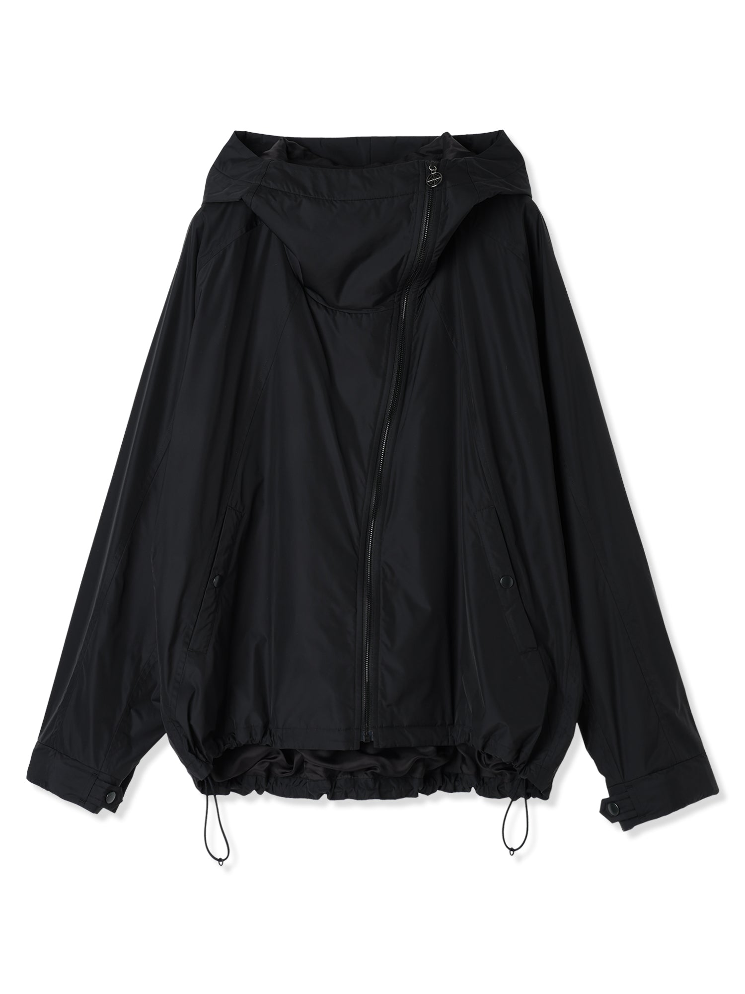 GLASSY NYLON DIAGONAL ZIP HOODED JACKET (15 BLACK)